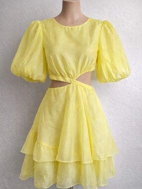 Bardot Yellow Mini Dress Cutout Puff Sleeve Ruffle S US 4 NWT